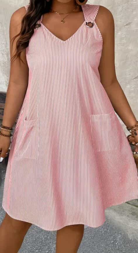 Robe sans manches rayée rouge et blanche avec poches