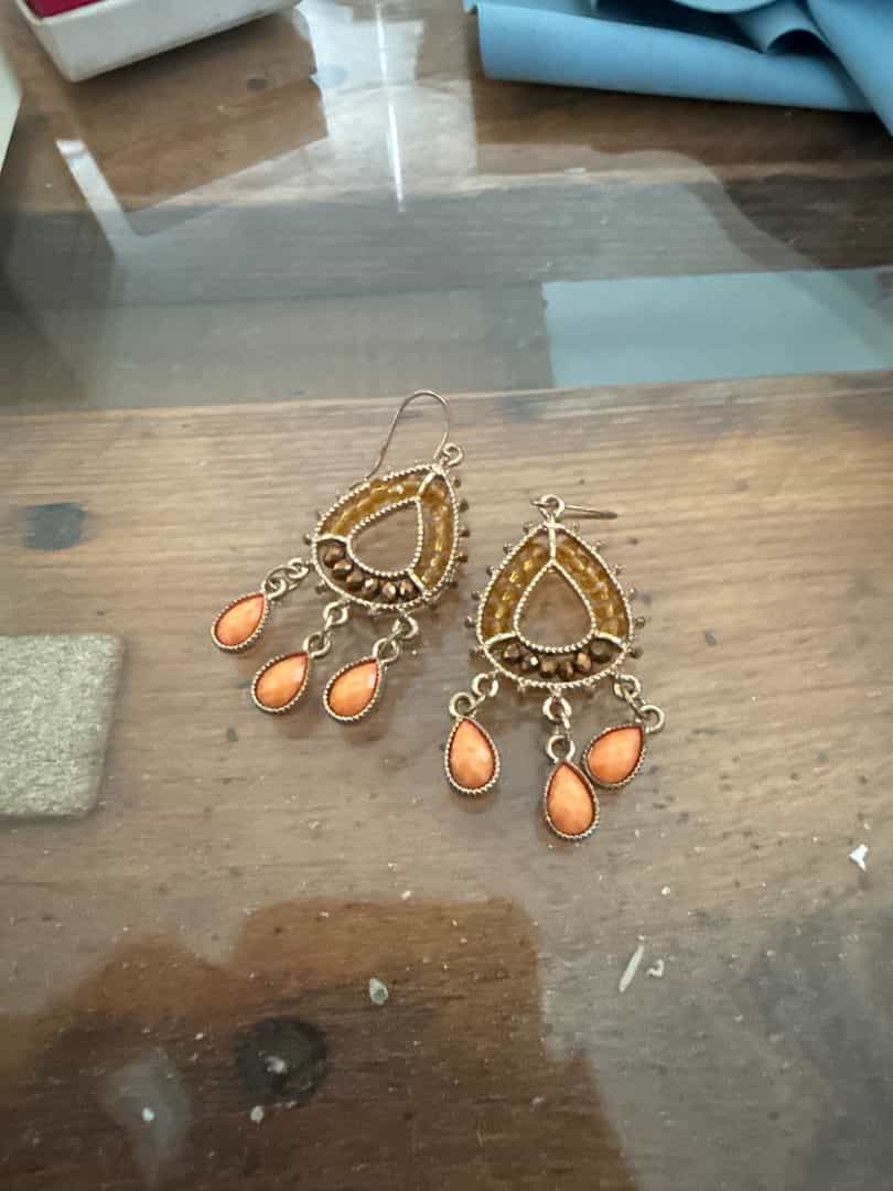 Gold-Tone Teardrop Dangle Earrings with Orange Accents
