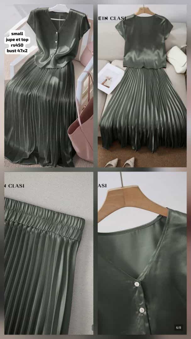 Ensemble jupe plissée et haut en satin vert taille S