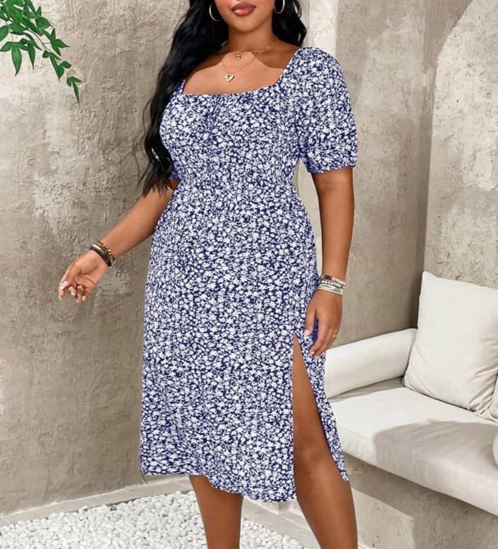 SHEIN Blue Floral Print Midi Dress with Side Slit