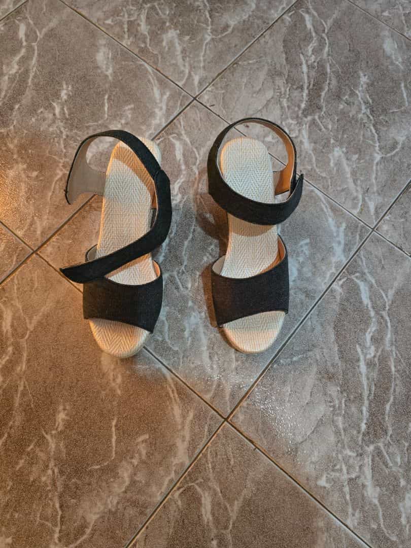 Black Denim Strappy Wedge Sandals