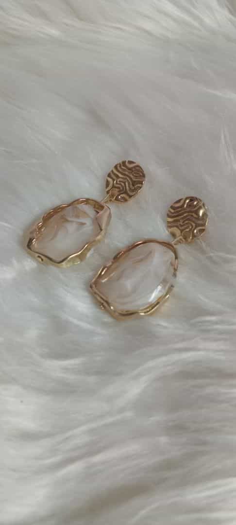 Gold Frame Milky White Stone Drop Earrings