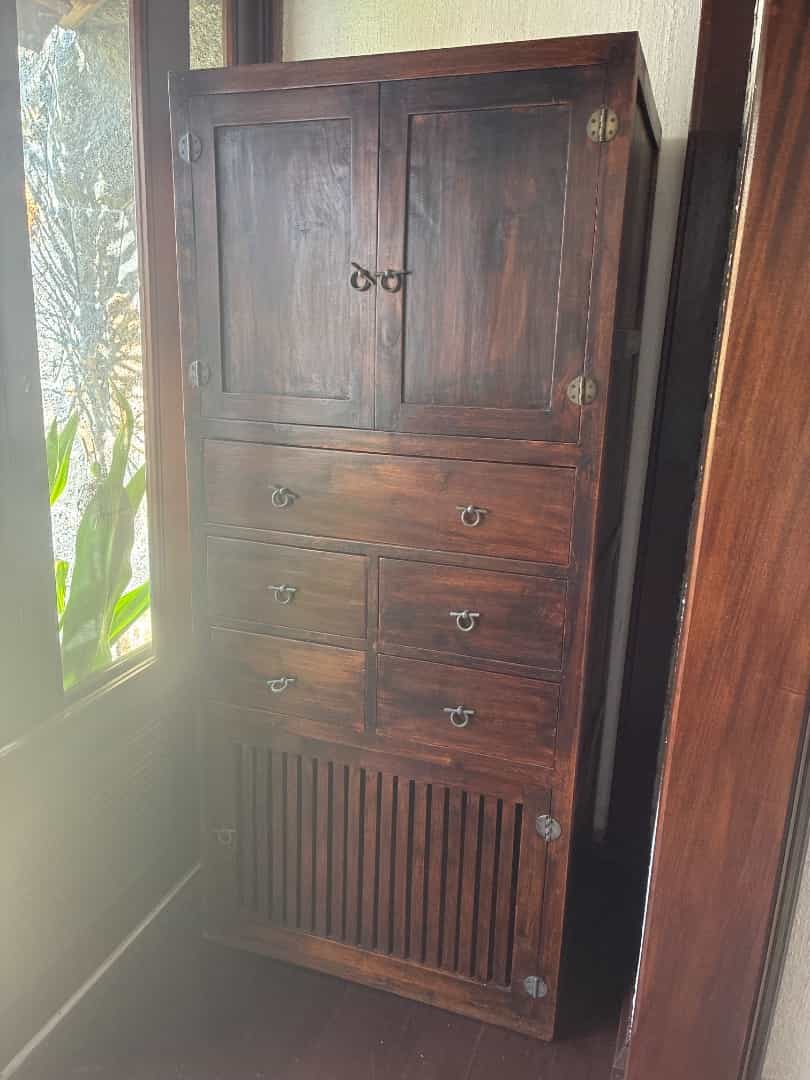 Tall Wooden Storage Cabinet with Drawers and Slatted Door