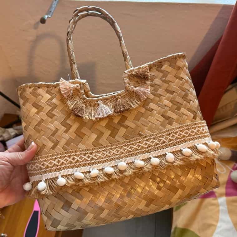 Woven Straw Tote Bag with Tassels and Pom-Poms