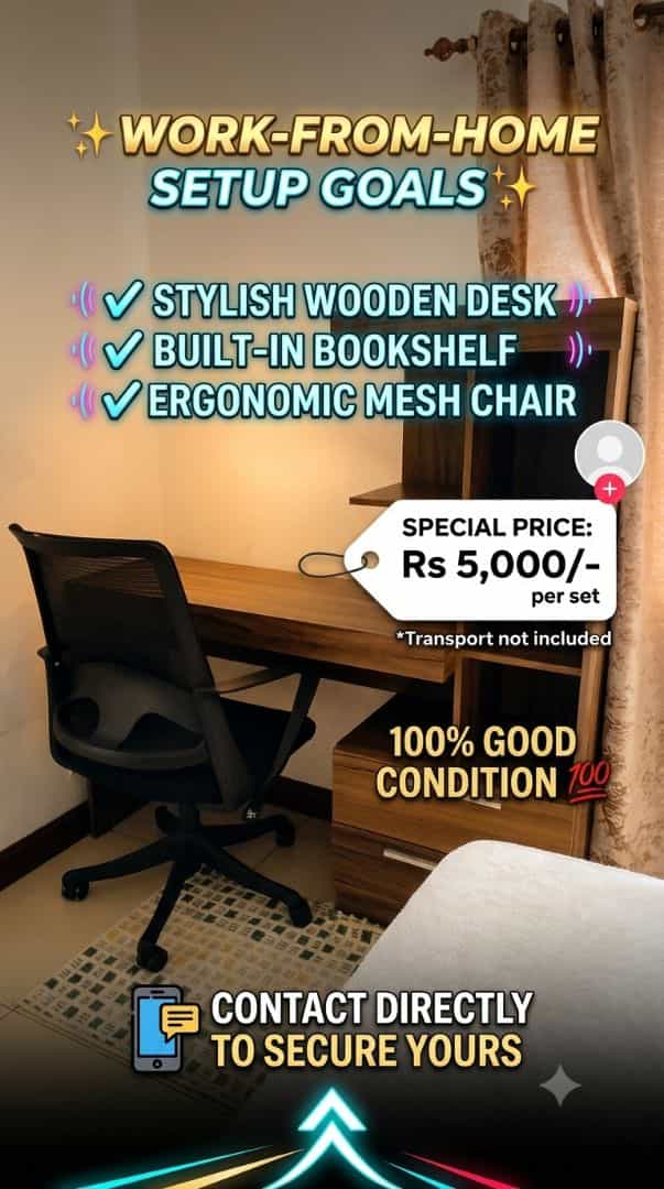 Wooden Desk with Built-in Bookshelf and Ergonomic Mesh Chair