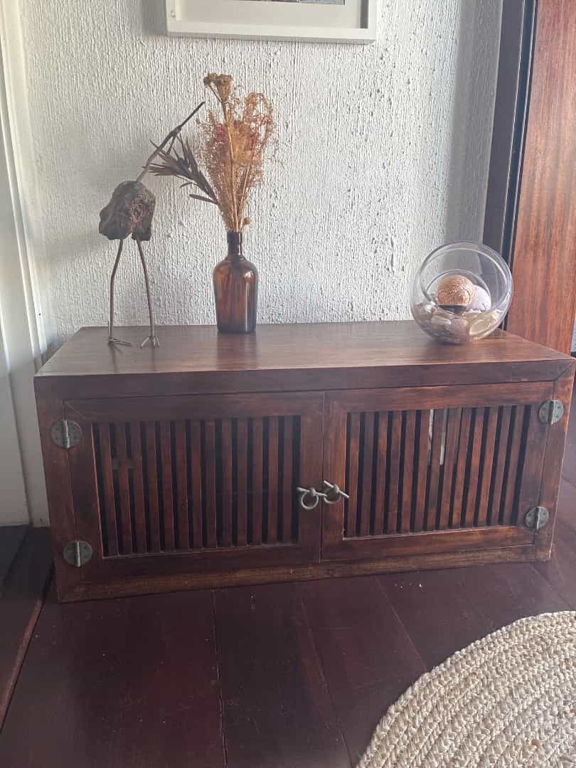 Small Wooden Storage Cabinet with Slatted Doors