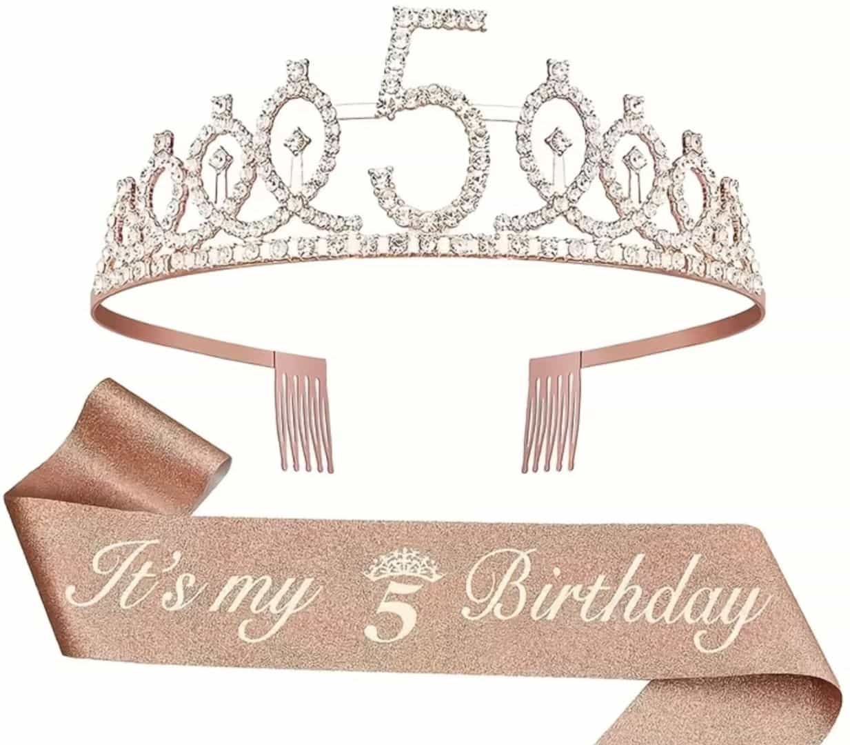 2pcs 5th Birthday Crown and Sash Set Rose Gold