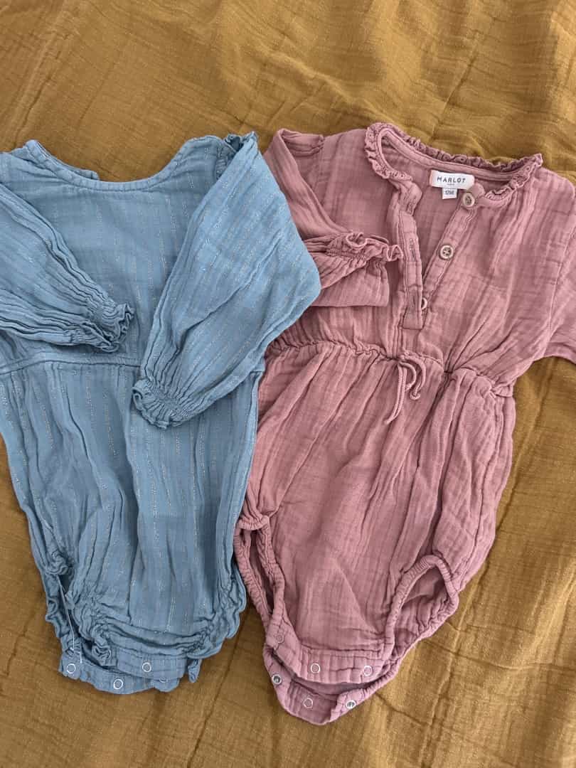 Marlot 12 Months Baby Rompers Lot - Blue & Pink Gauze Cotton