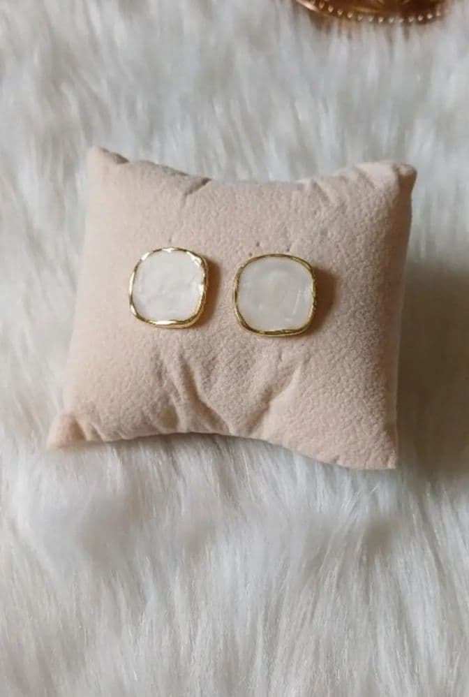 White Mother of Pearl Square Stud Earrings Gold Frame - Image 1 of 1