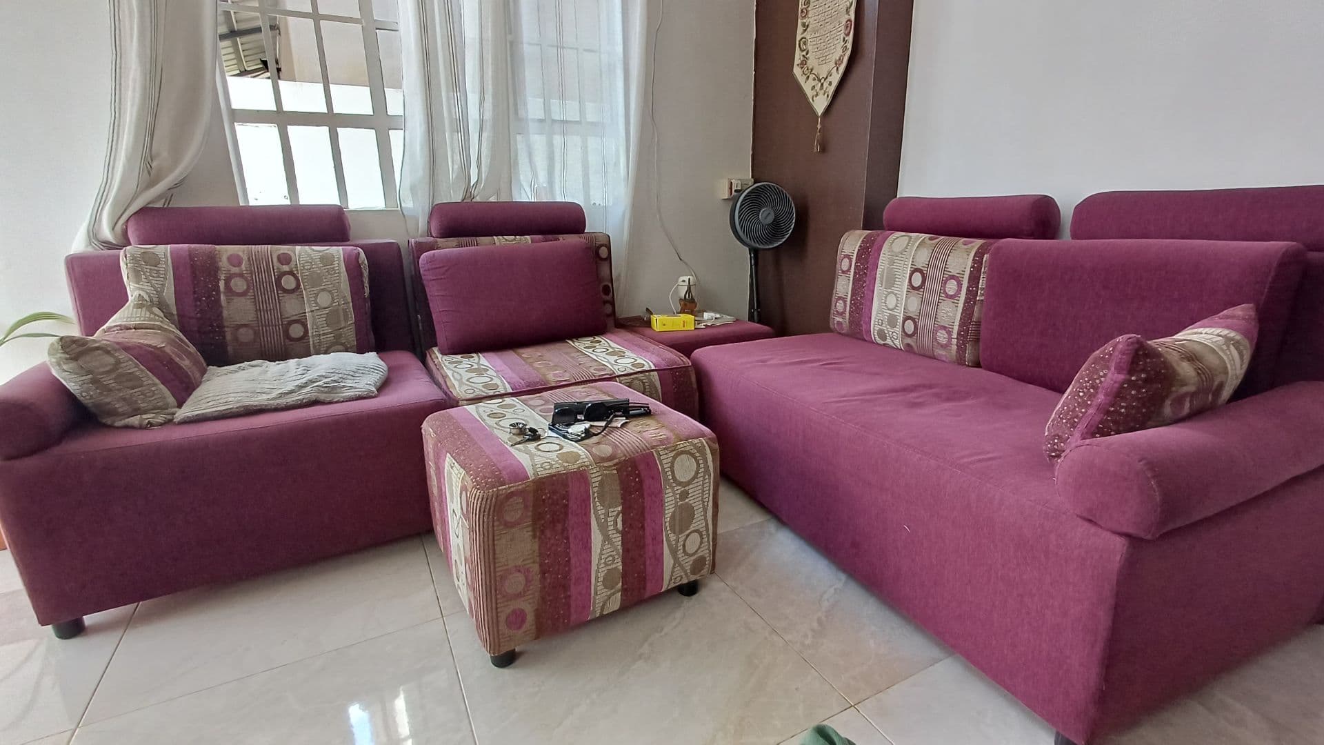 Purple L-Shaped Sectional Sofa with Ottoman - Image 1 of 2