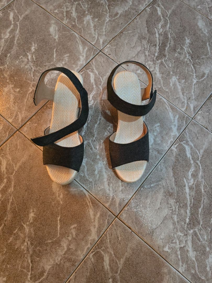 Black Denim Strappy Wedge Sandals - Image 1 of 2