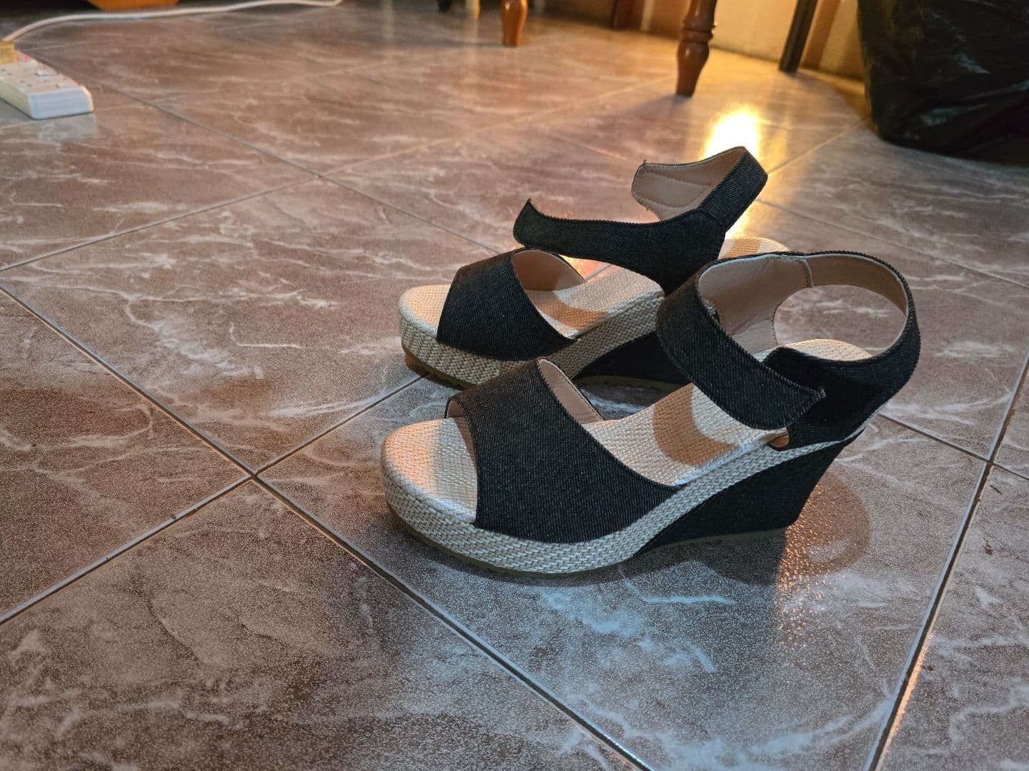 Black Denim Strappy Wedge Sandals thumbnail 2