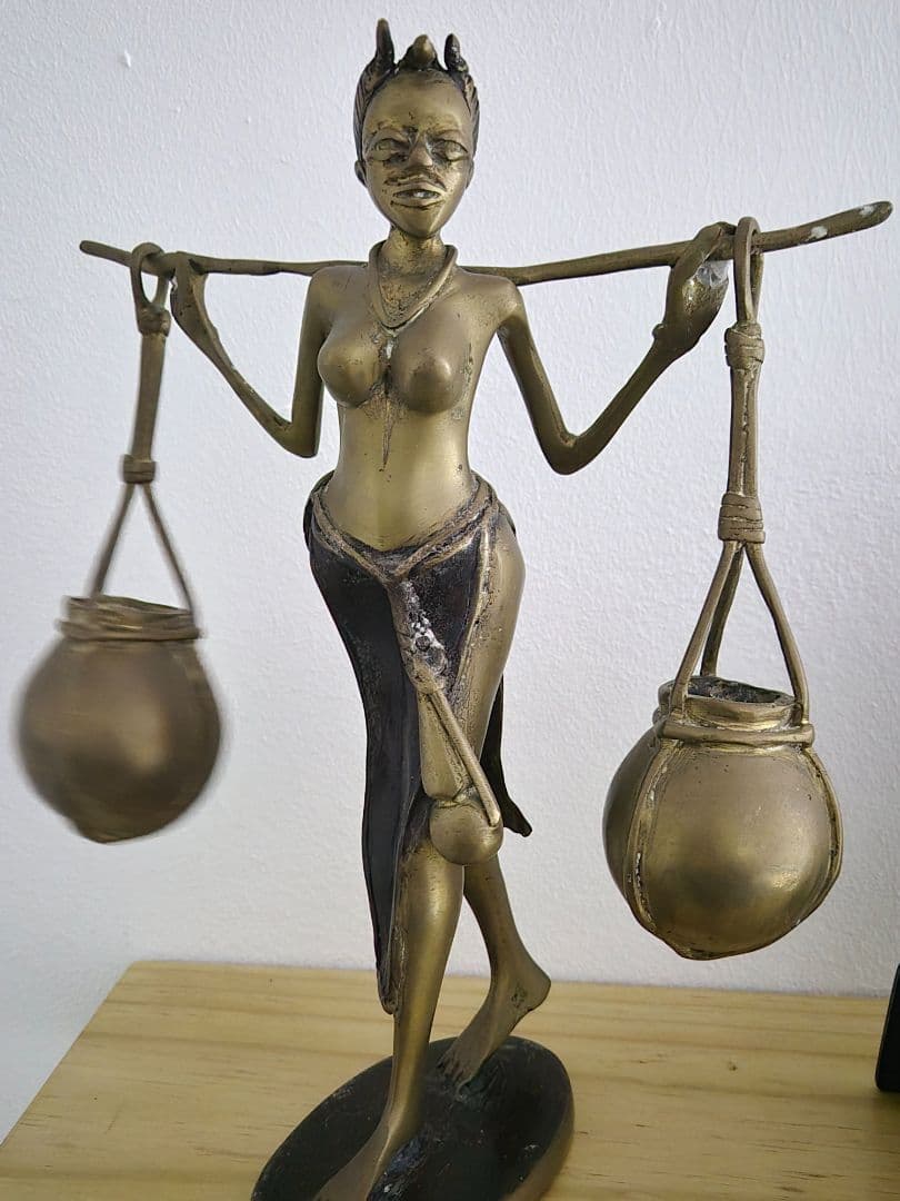 Brass African Woman Statue Carrying Water Pots thumbnail 2