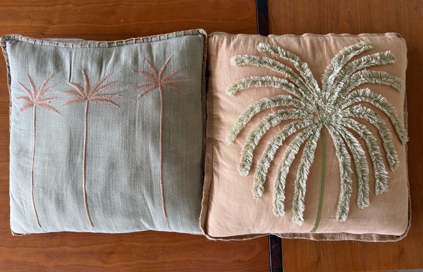 Set of 2 Embroidered Palm Tree Cushions - Green & Peach