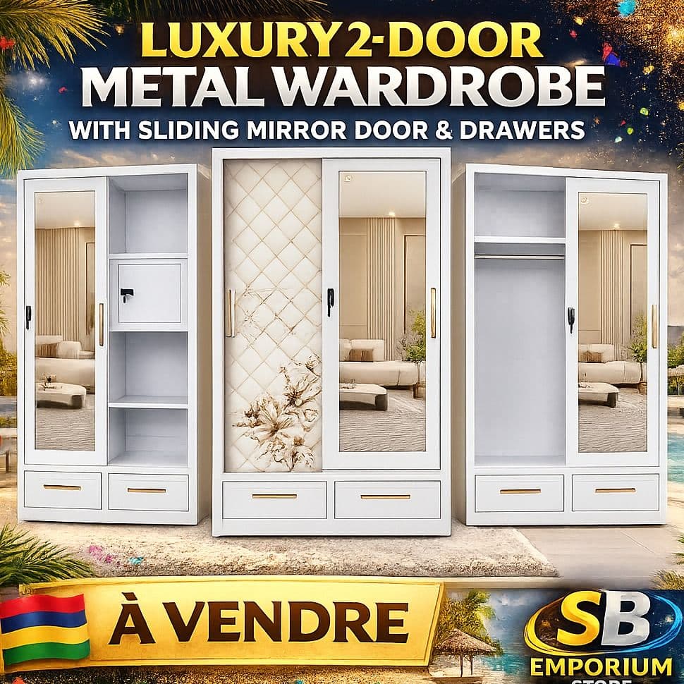 Luxury 2-Door Metal Wardrobe with Sliding Mirror and Drawers - Image 1 of 1