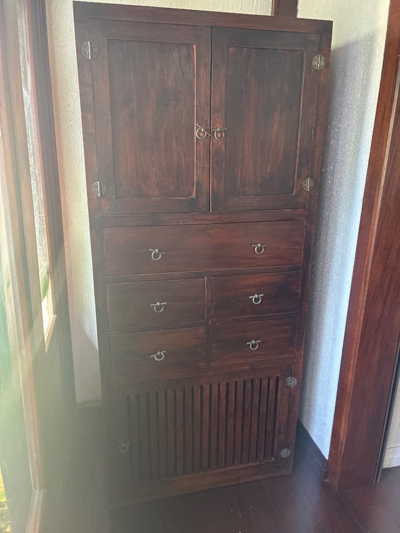 Tall Wooden Storage Cabinet with Drawers and Slatted Door thumbnail 2