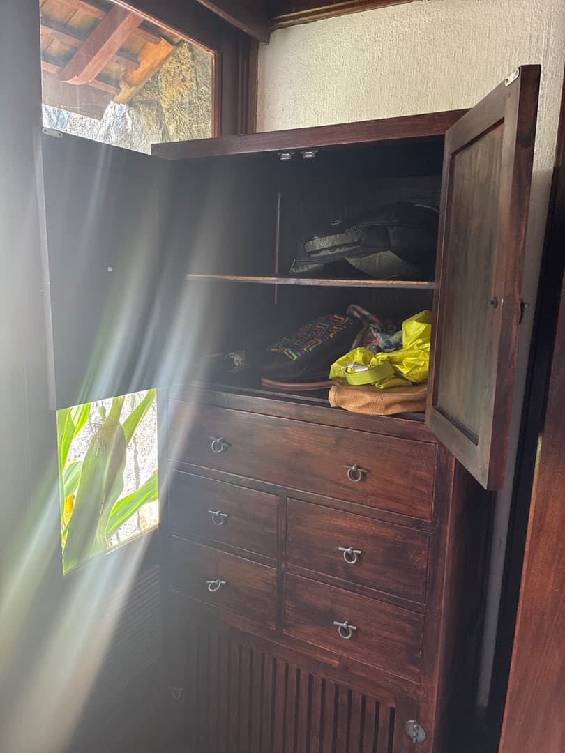 Tall Wooden Storage Cabinet with Drawers and Slatted Door thumbnail 3
