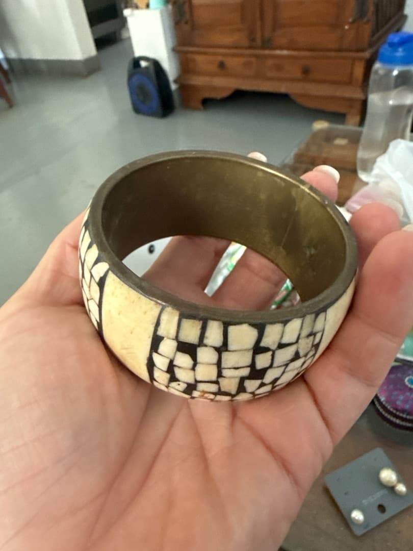 Mosaic Bone and Brass Bangle Bracelet thumbnail 2