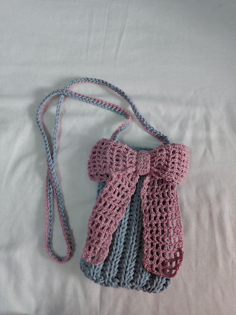 Handmade Crochet Pink-Grey Bow Bag & White Socks with Lace - Image 1 of 5