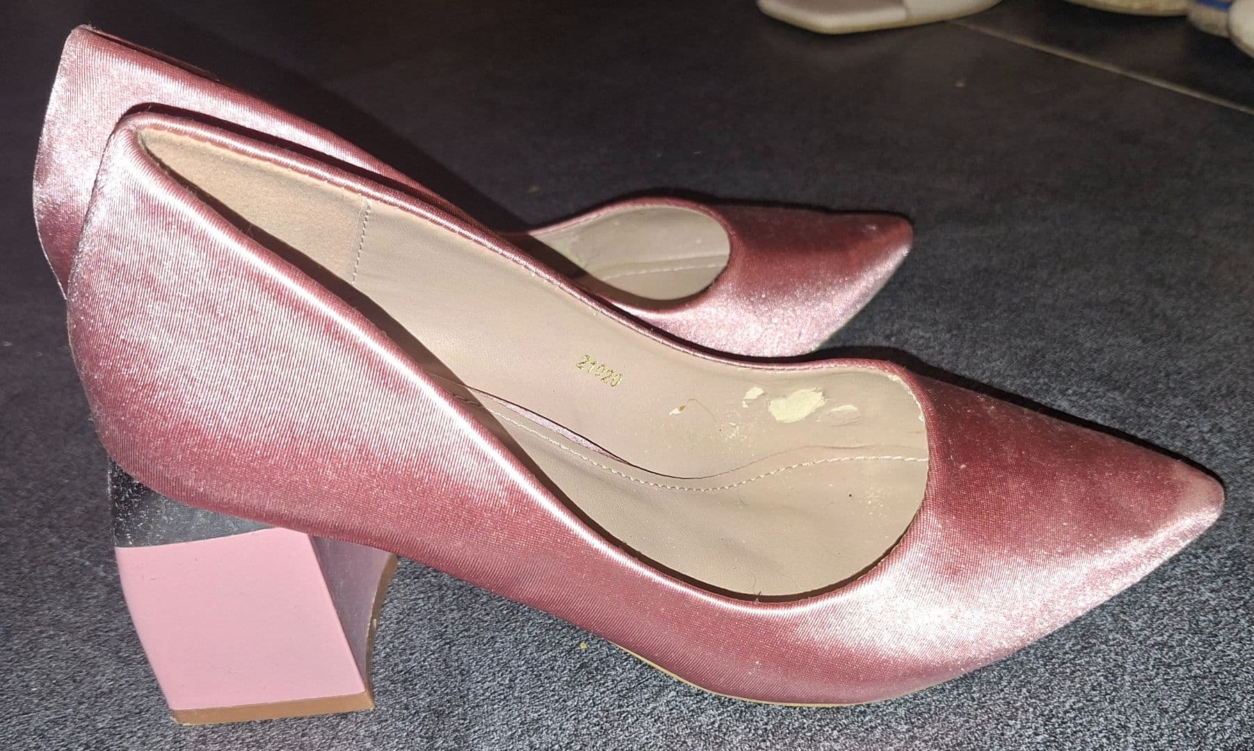 Pink Satin Block Heel Shoes thumbnail 2