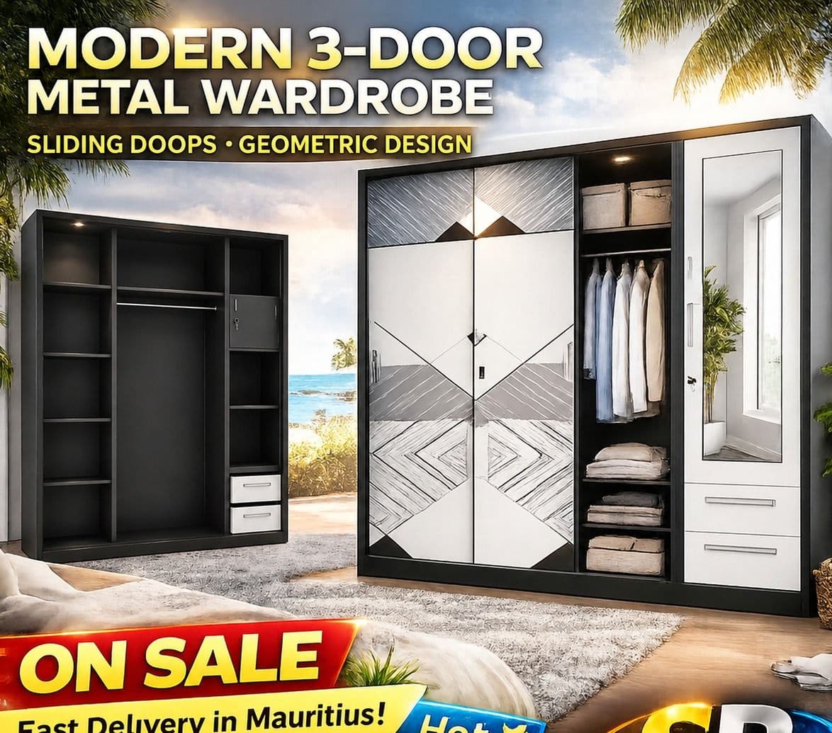 Modern 3-Door Metal Wardrobe with Sliding Doors - Image 1 of 1