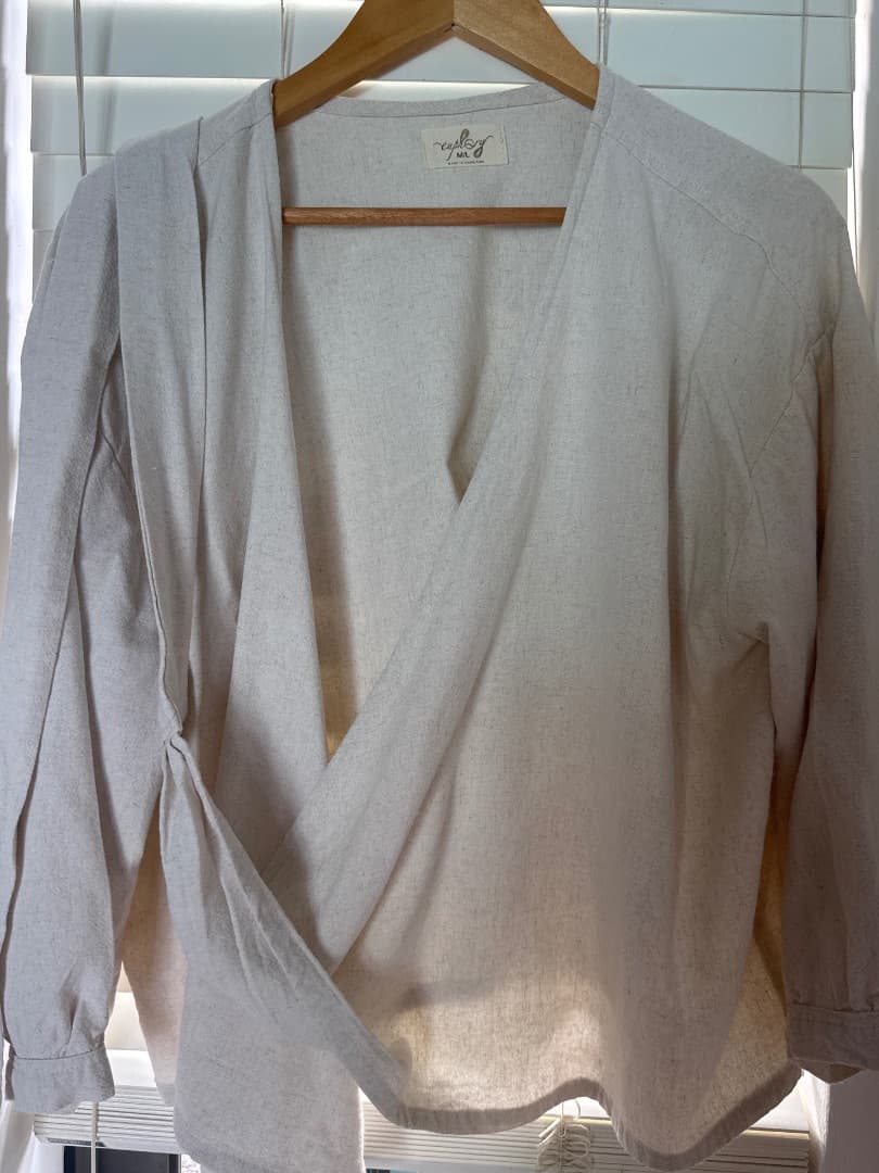 Euphory Wrap Blouse Size M/L Beige 100% Cotton - Image 1 of 3