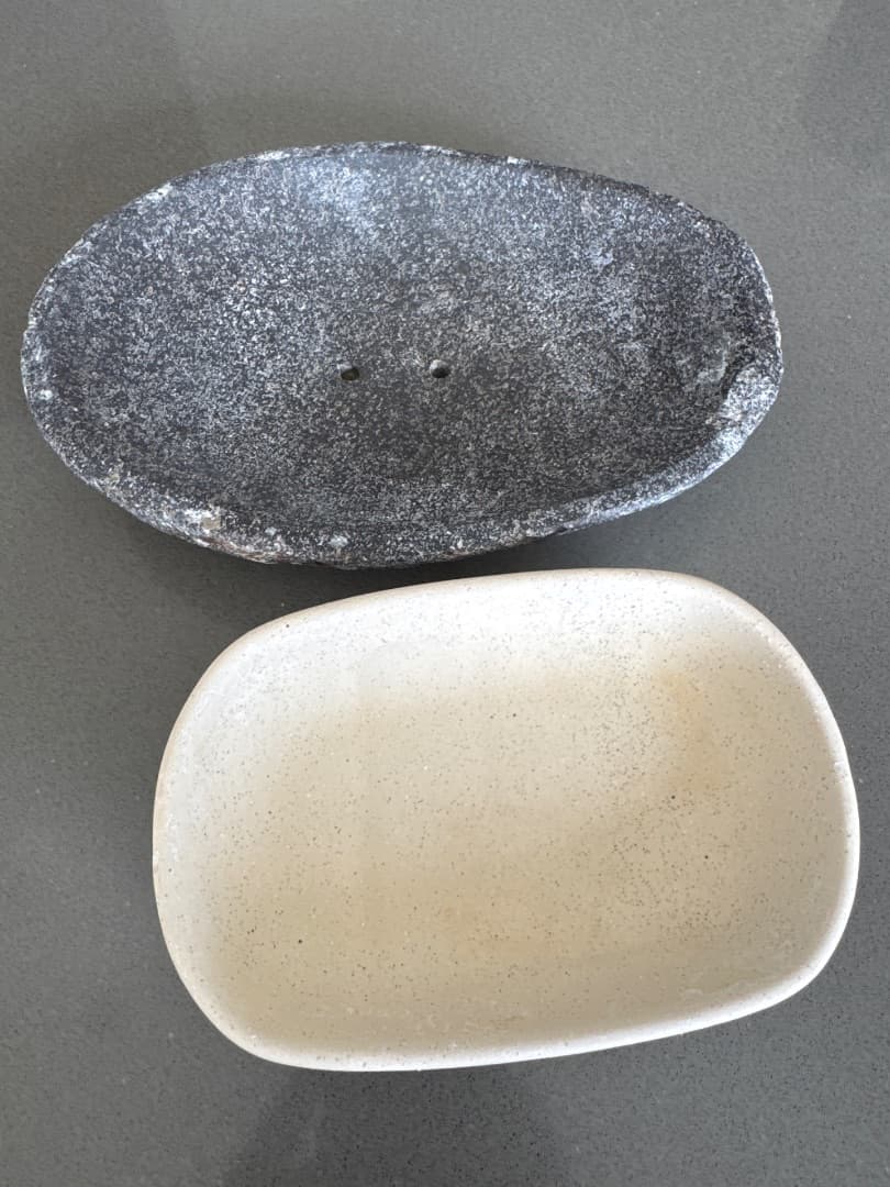 Lot of 2 Soap Dishes - Gray Stone & Beige Ceramic - Image 1 of 3