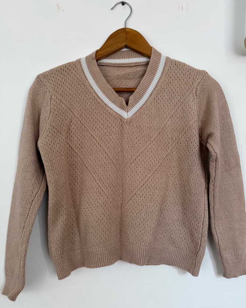Beige V-Neck Knit Sweater - Image 1 of 2