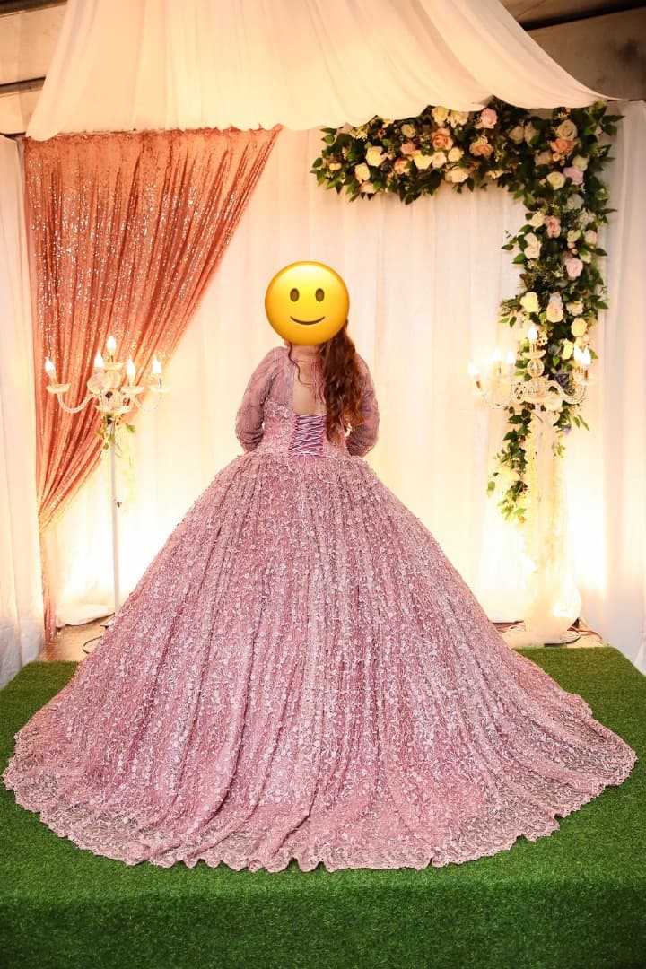 Pink Sequin Long Sleeve Wedding Ball Gown Dress - Image 1 of 2