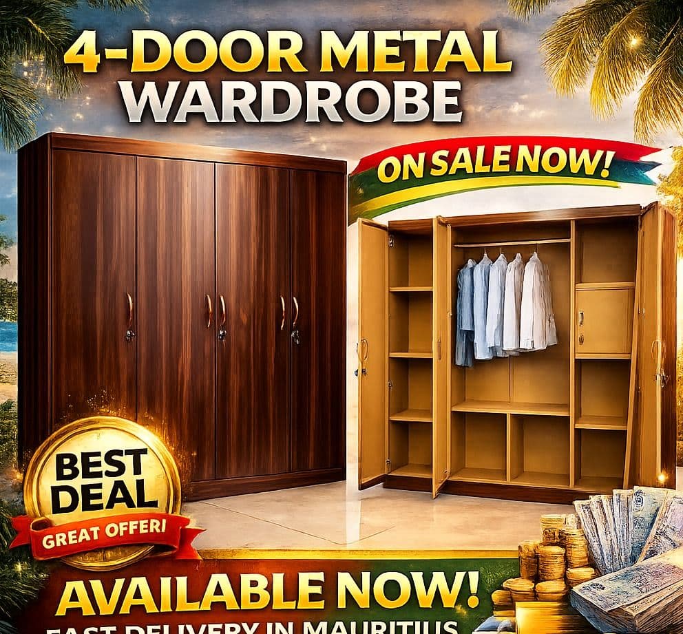 4-Door Metal Wardrobe Wood Finish - Image 1 of 1