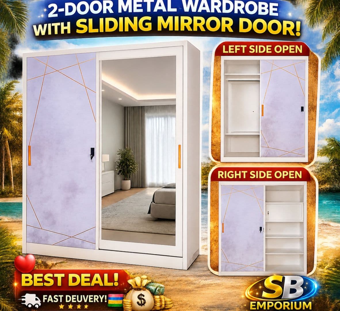2-Door Metal Wardrobe with Sliding Mirror Door - Image 1 of 1