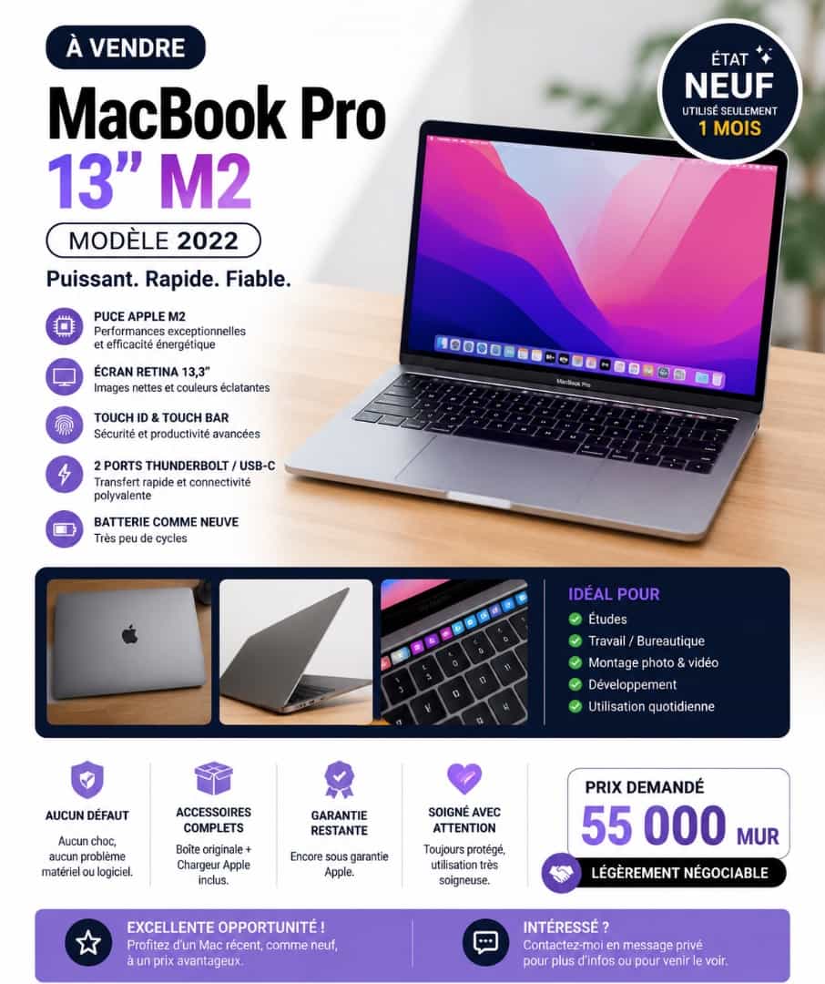 MacBook Pro 13” M2 (2022) | 8 Go RAM | 256 Go SSD | État Neuf