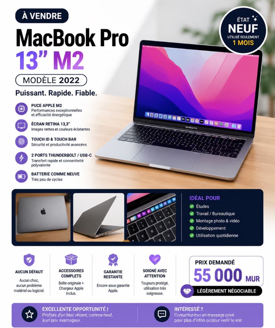 MacBook Pro 13” M2 (2022) | 8 Go RAM | 256 Go SSD | État Neuf - Image 1 of 1