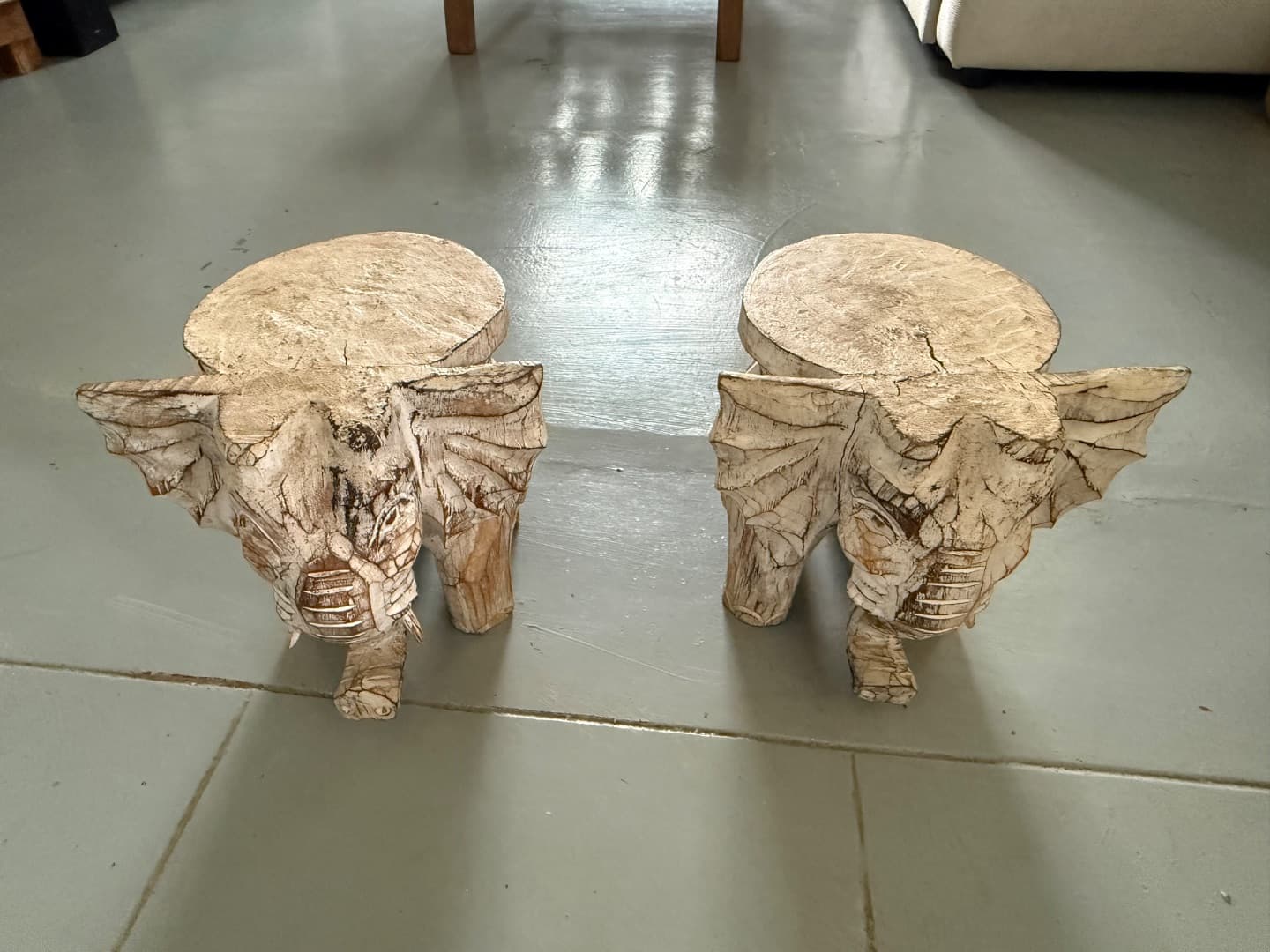 Pair of Hand-Carved Wooden Elephant Stools - Image 1 of 1