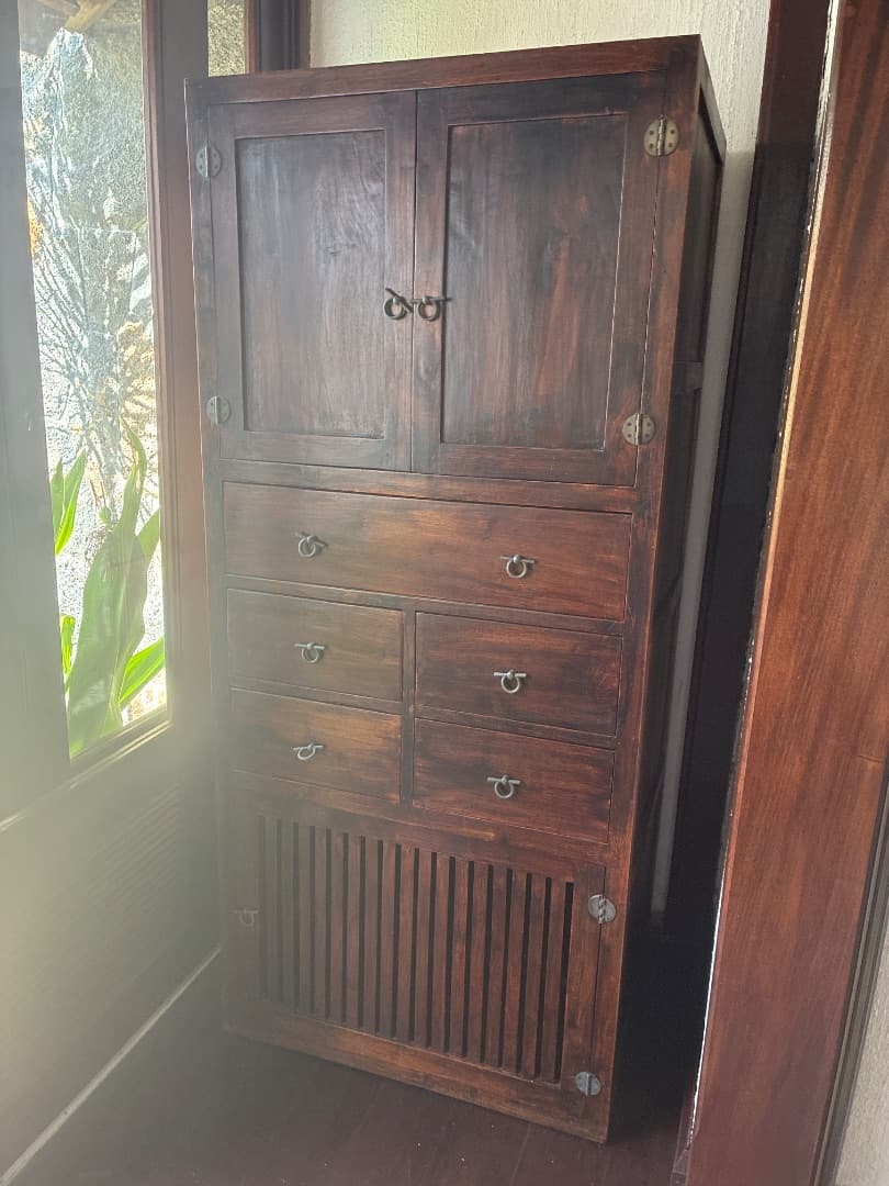 Tall Wooden Storage Cabinet with Drawers and Slatted Door - Image 1 of 3