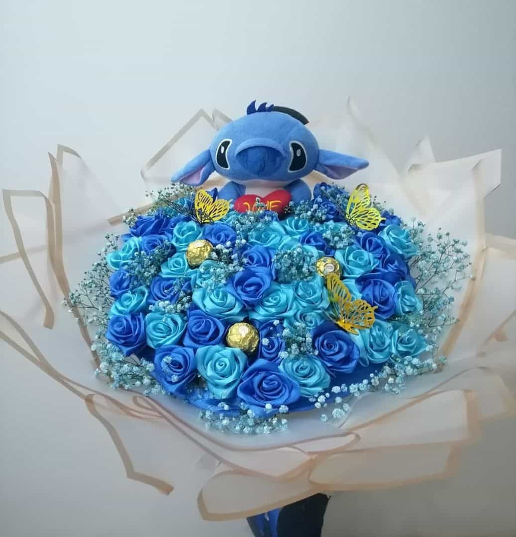 Bouquet rose ble ek chokola tem Stitch