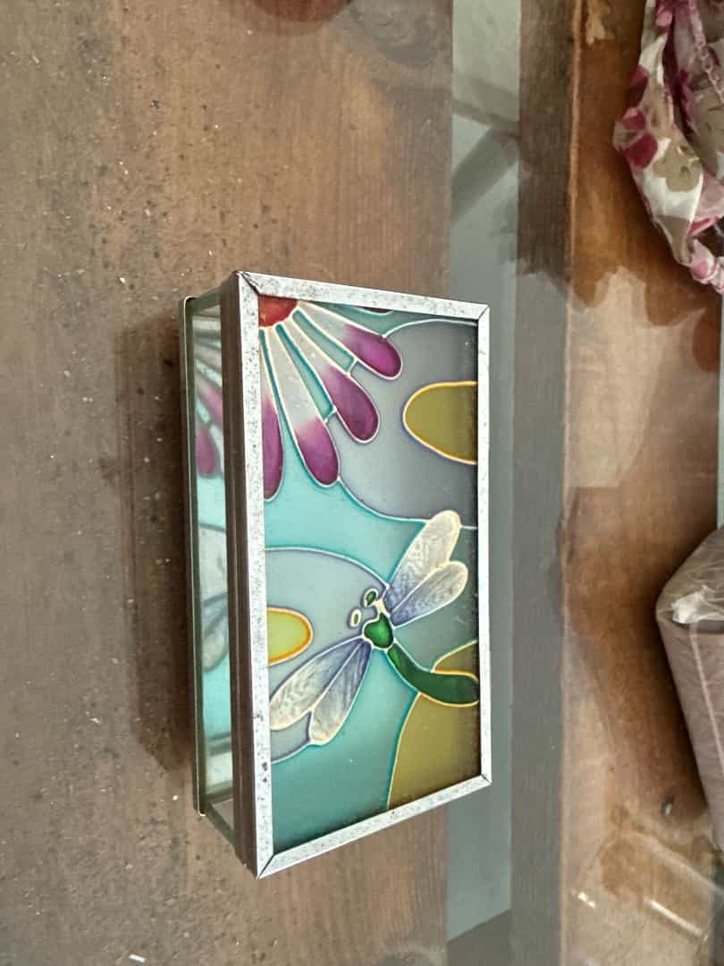 Miroir de poche vitrail libellule et fleurs + boîte à bijoux
