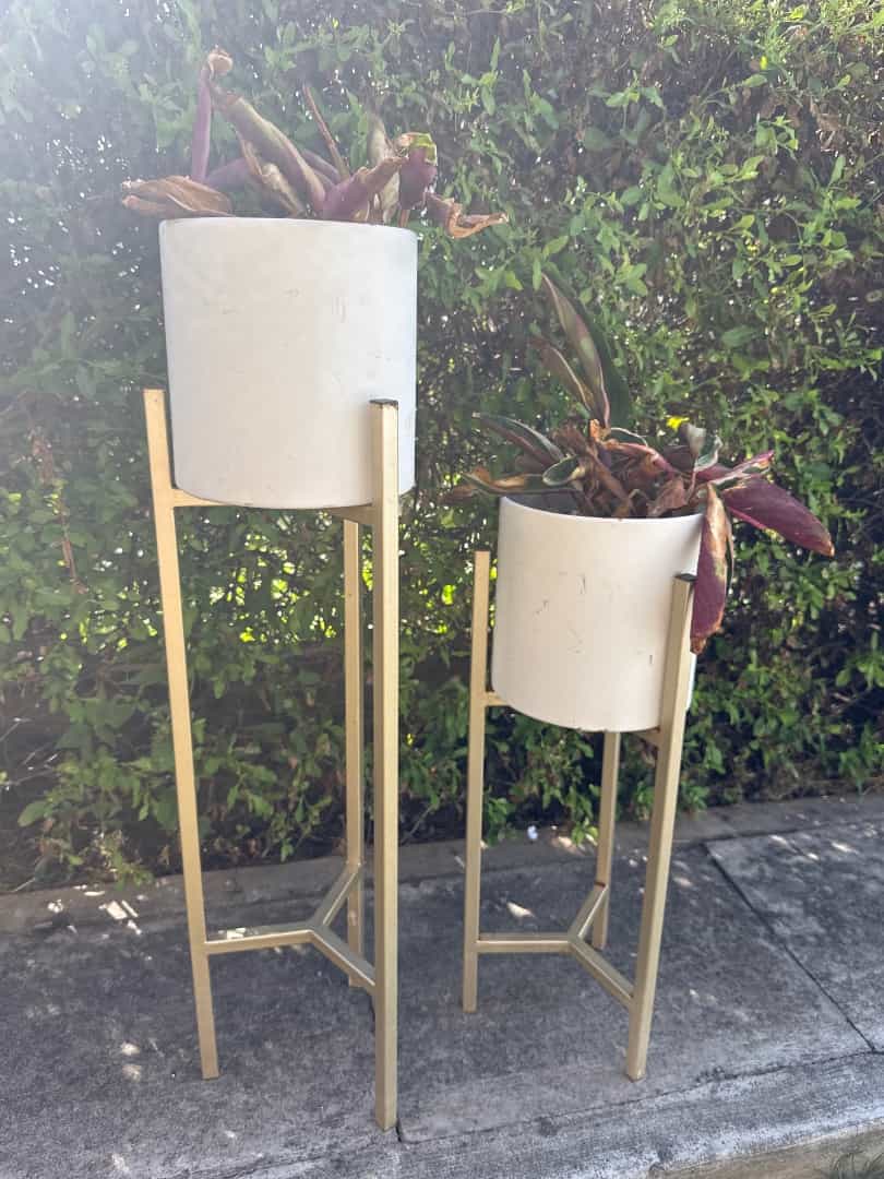 2 White Ceramic Flower Pots on Gold Metal Stands