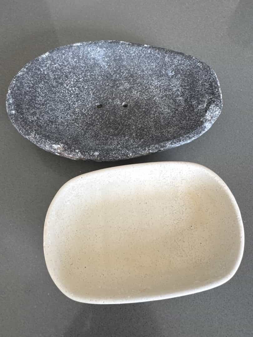Lot of 2 Soap Dishes - Gray Stone & Beige Ceramic
