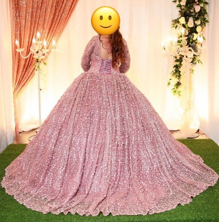 Pink Sequin Long Sleeve Wedding Ball Gown Dress - Image 1 of 2